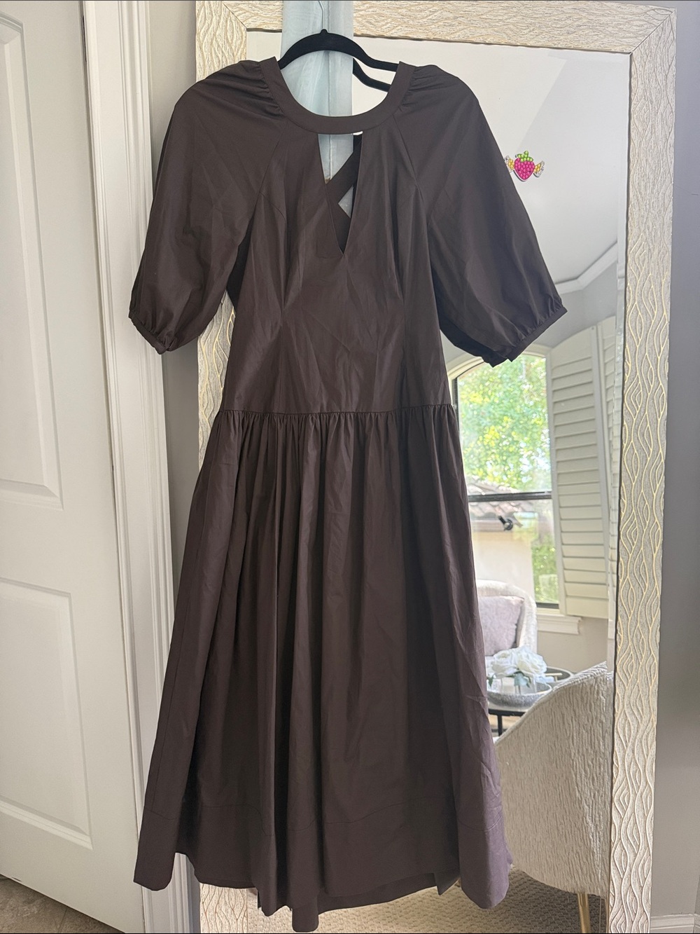 Twin-Set Brown Puff-Sleeve Midi Dress with Keyhole